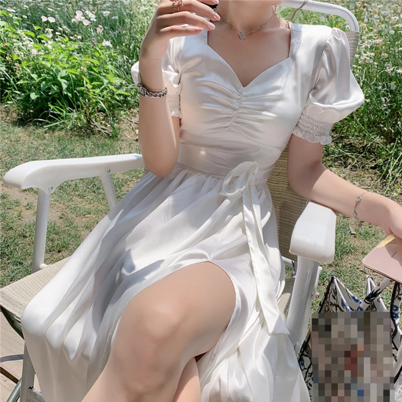 

Elegant Summer Satin Dress Women Puff Sleeve White Strappy Dress V-Neck Party Long Dress 2021 Female Robe