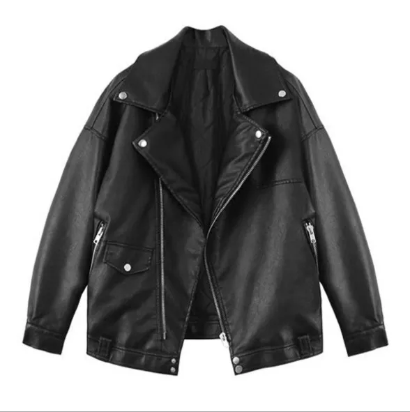 2019 Spring Autumn Moto Biker Faux Leather Short Jacket Womens Black Pu Leather Jacket Ladies Punk Loose Motorcycle Coat Zipper