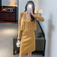 new knitted fashion suit womens autumn clothes 2021 elegant single breasted long sleeved cardigansuspender dress 2 piece set