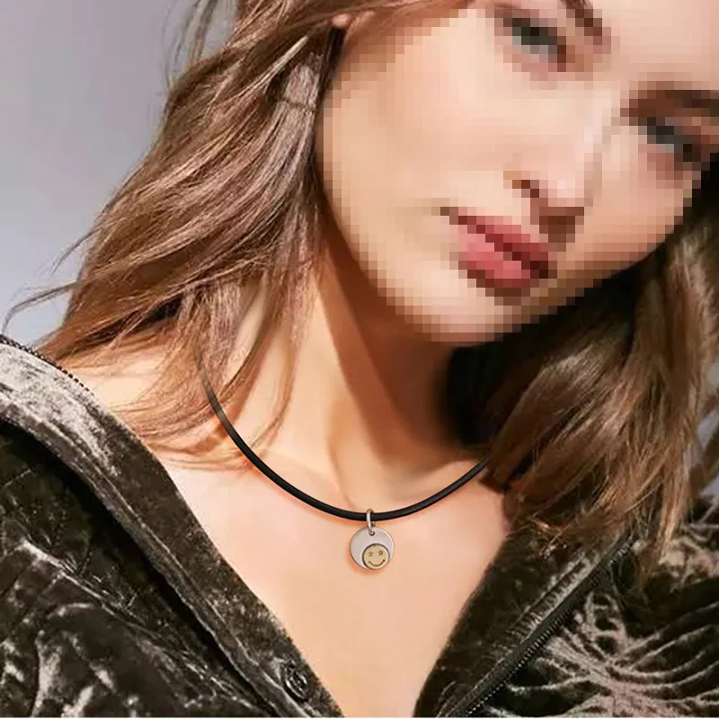 

Creative Smiley Pendant Pure 925 Sterling silver Free black leather Rope Men Women Necklace Pendant Jewelry 2020 New Arrival P27