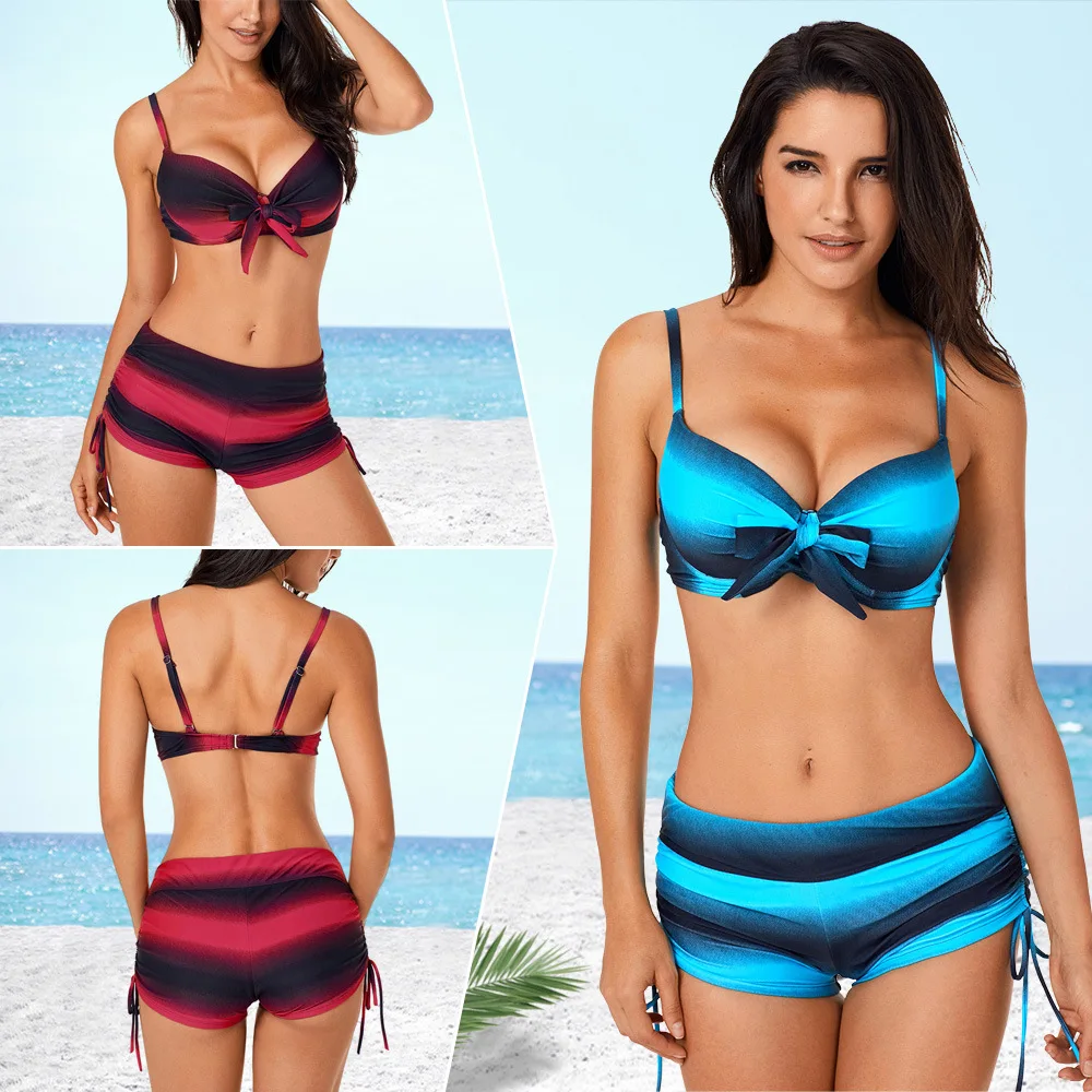 

Women Bikini Set Sexy Mid Waist Gradient Split Swimsuit Female Tube Top Sling Chest Pad Steel Bracket Two-peice Bathing Suit