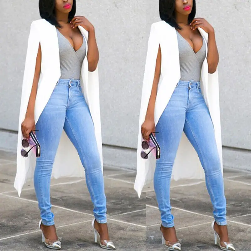 

2019 Fashion Autumn White Black Blazer Women Fashion Slim Long Cape Blazer Coat Woman Casual Suit Jacket Coat Outwear ins chic
