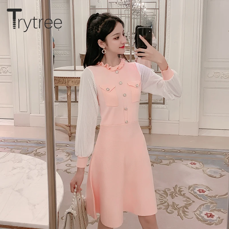 Trytree осенне-зимнее платье женское Повседневное с круглым вырезом и оборками