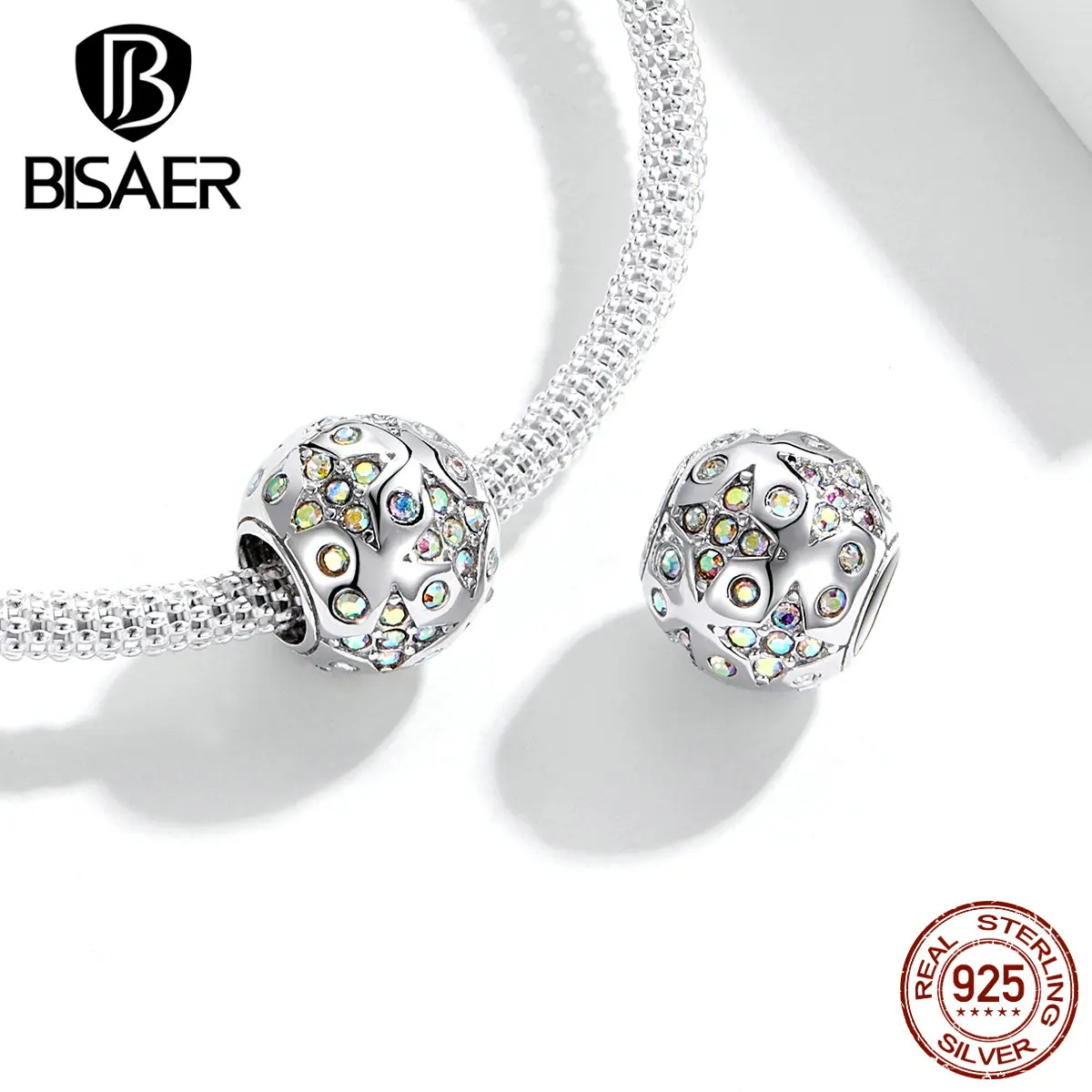 Бусины BISAER, 925 пробы, серебряные светящиеся бусины в форме звезды, кубические циркониевые амулеты, подходят для шарма, браслеты из серебра 925, ювелирные изделия ECC1308