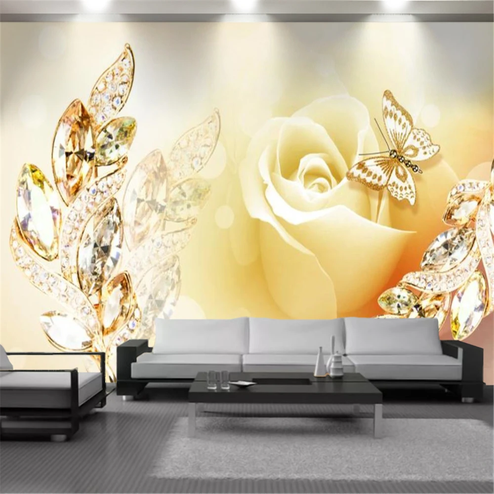 3d Wallcovering Delicate White Rose Diamond Butterfly Flower Romantic Floral Modern Home Decor Painting Mural Wallpapers