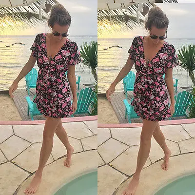 Женские летние цветочные печатные игровой костюм с коротким рукавом Вечеринка