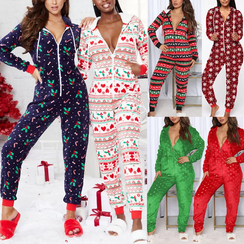 

Christmas Print Jumpsuit Women Drawstring Graphic Print Long Sleeve Zipper Hooded Lounge Jumpsuit