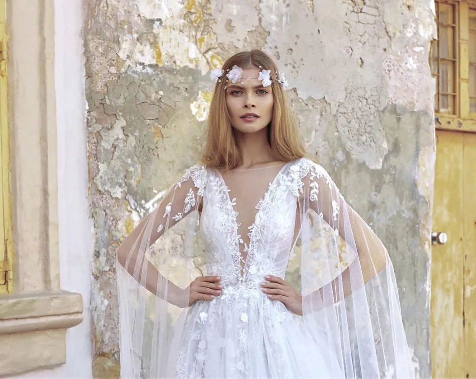 

Backless Vestido De Noiva Muslim Wedding Dresses A-line Scoop Tulle Appliques Lace Boho Wedding Gown Bridal Dresses