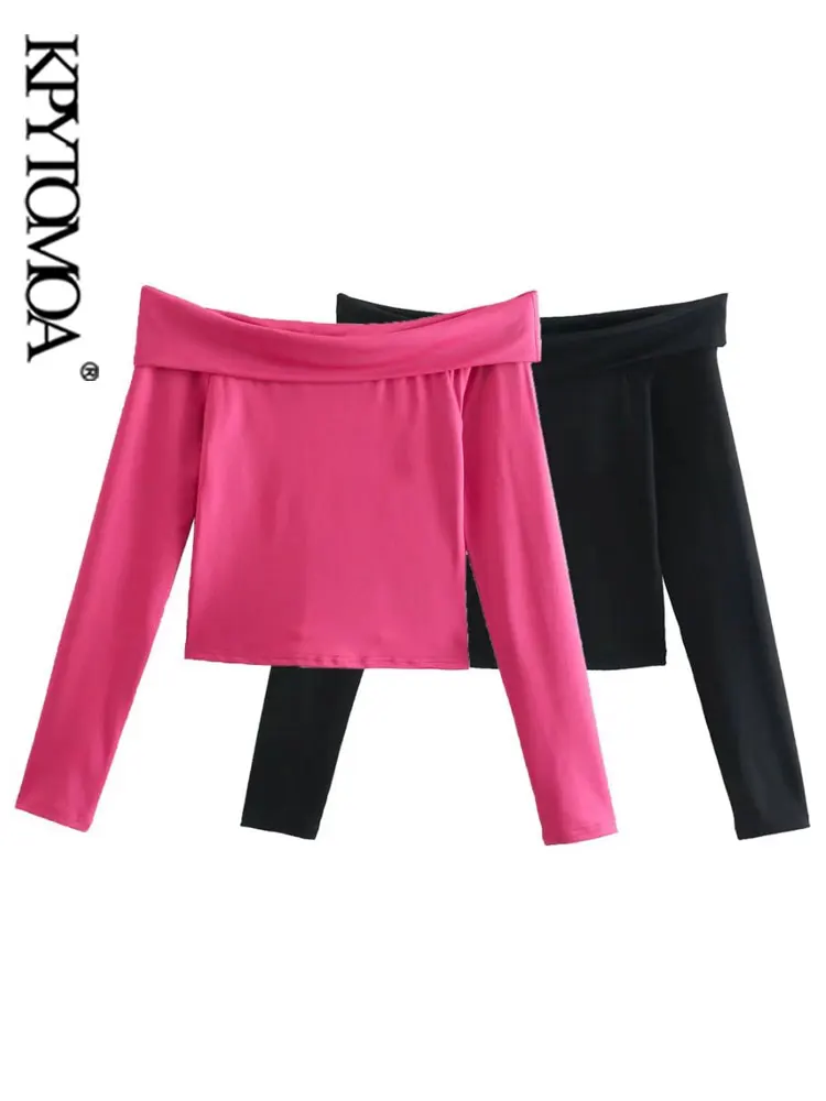 

Модная однотонная женская футболка KPYTOMOA, винтажные женские футболки с прямым вырезом и длинным рукавом, шикарные топы