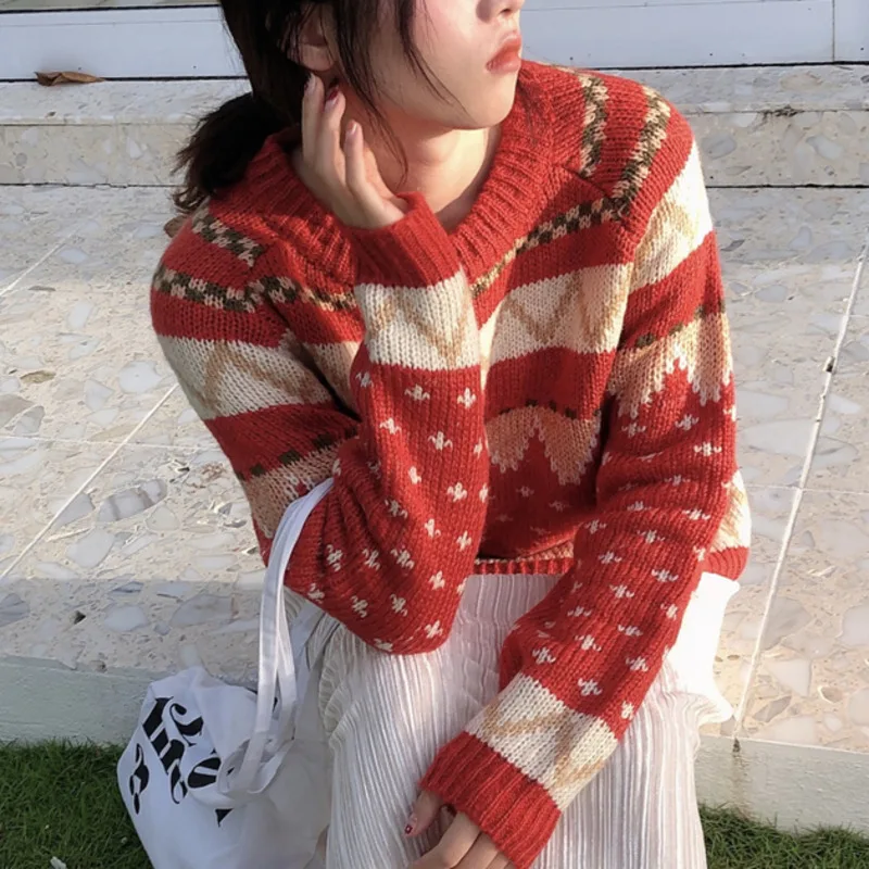 

Autumn Winter Women Sweater Long Sleeve Sweet Autumn Korean Fashion Knitted Pullovers Pull Femme Christmas Loose Outer Wear