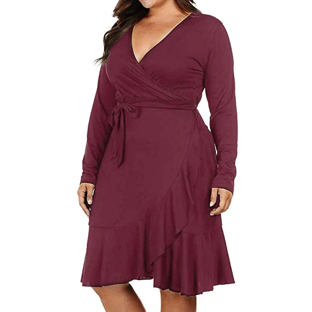 Женское Повседневное платье с оборками v-образным вырезом длинным рукавом