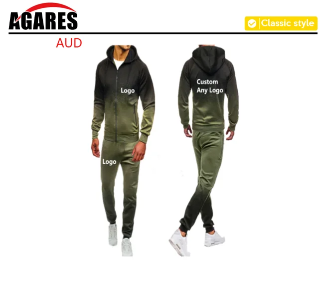 green For Men's Design Logo Hoodies Harajuku Man Gradient color Hooded Fleece zipper Jacket Sweatshirt Sweatpants Suit 2pcs - Цвет: green