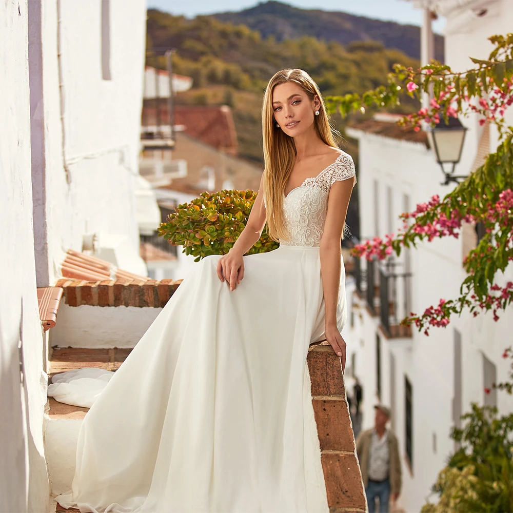 

Weilinsha Elegant Sweetheart Chiffon Wedding Dresses Vestido De Noiva Cap Sleeve Applique Long Bridal Gowns