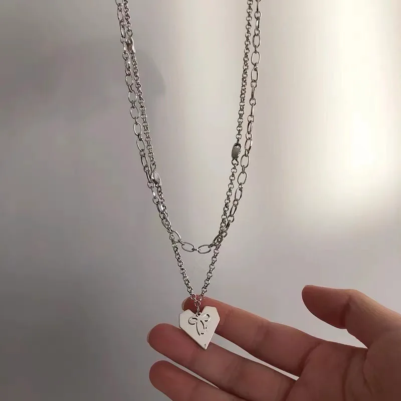 

POTCET Unisex Double Love Butterfly Necklace Pendant Clavicle Chain Geometric Fashion Hip Hop Personality Party Jewelry