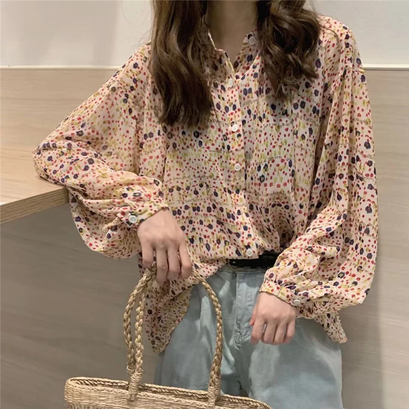 

Шифоновая рубашка в гонконгском ретро-стиле для женщин, новинка 2021, Свободный Повседневный дизайнерский топ с цветочным рисунком, женский л...