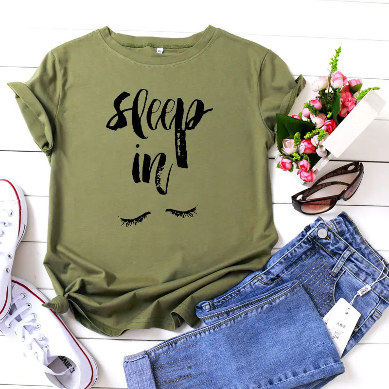 

Sleep In Eyelash Letter Print Women T Shirt Short Sleeve O Neck Loose Women Tshirt Ladies Tee Shirt Tops Clothes Camisetas Mujer