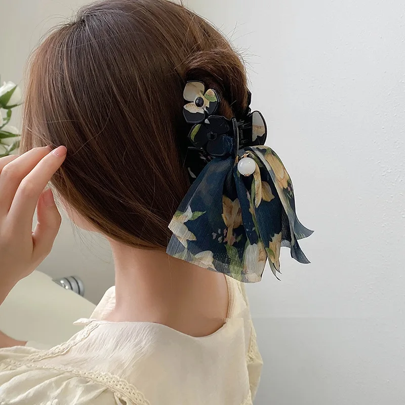 

new personality flower net yarn catching clip female summer large back head hair catching shark clip hairpin hair accessories
