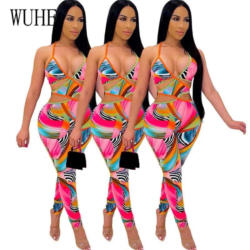 

Сексуальные комбинезоны WUHE с красочным принтом, Комбинезоны на бретелях-спагетти, с глубоким V-образным вырезом, с вырезами, в обтяжку, без р...