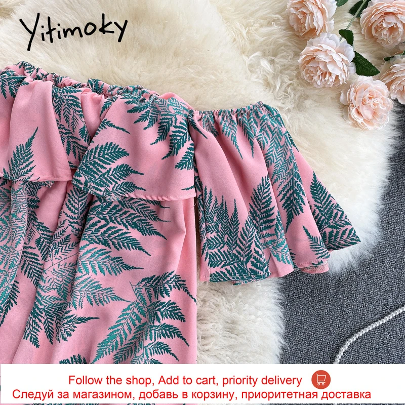 

Yitimoky Fashion Print High Waist Dresses Women Short Sleeve Ruffles Spliced Slash Neck A-Line Clothing 2021 Summer Korean New