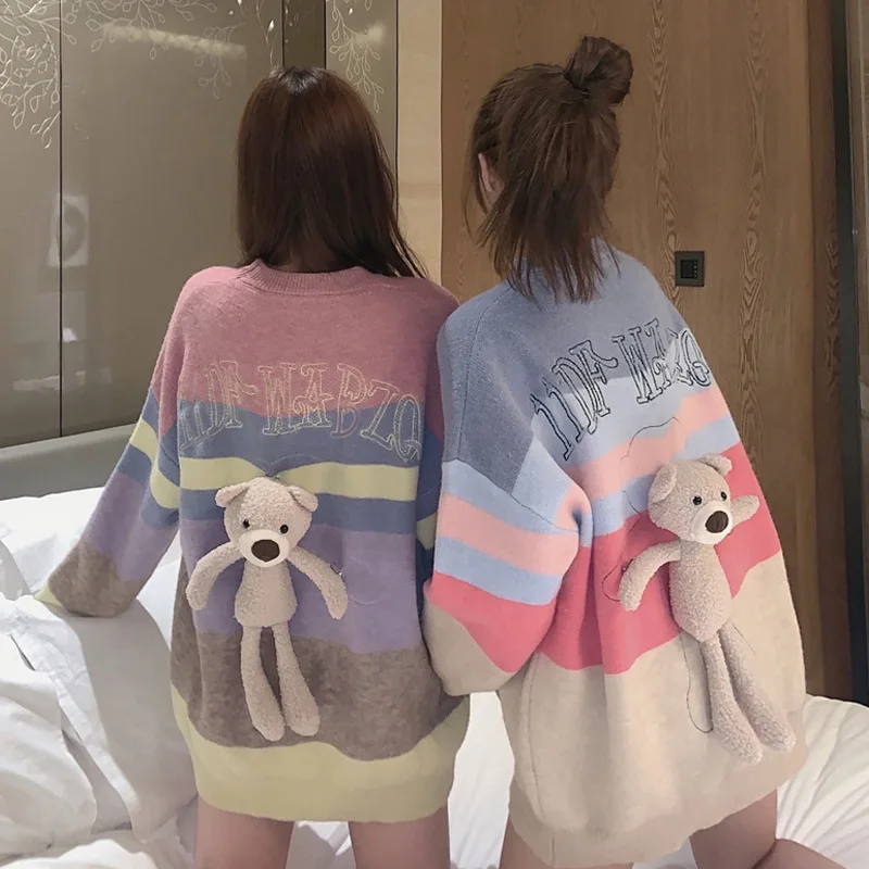 

Oversized Pullover Sweater Best Friend Rainbow Color Cute Bear Korean Style Knit Sweater Top 2020 Fashion Autumn Knitted Jumper