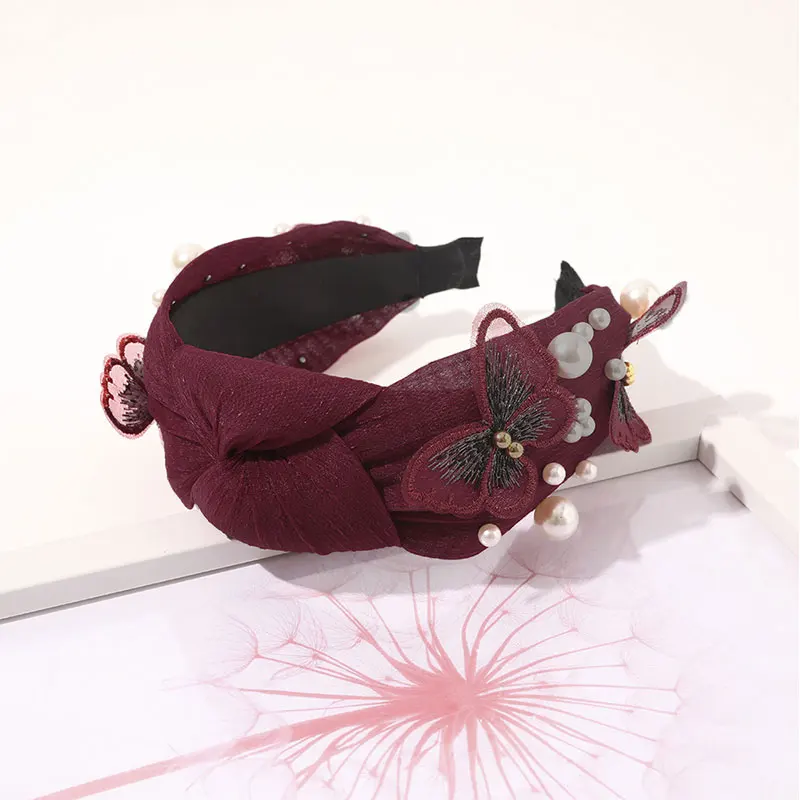 

Korea Butterfly Pearl Headbands Net Yarn Wide Head Hoop Women Butterfly Hair Hoop Cross Knot Head Hoop Girls Hair Accessories