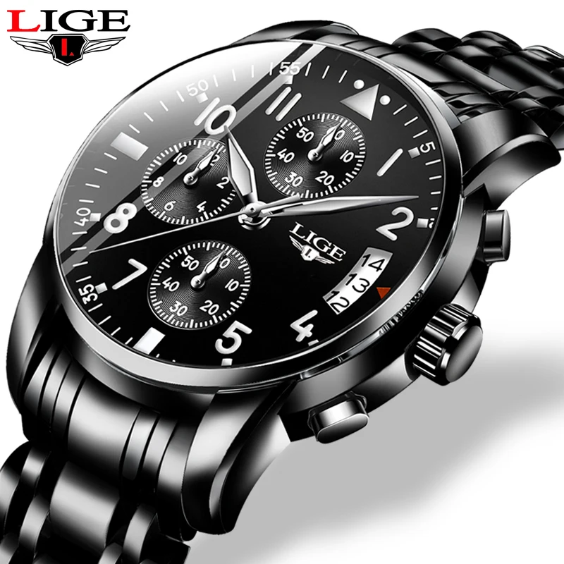 Часы наручные LIGE Мужские кварцевые брендовые Роскошные модные деловые