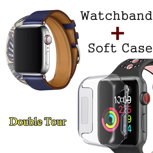 Herm логотип на застежке Свифт кожаный двойной один тур часы ремешок для Apple Watch серии 5 4 3 44 мм 40 мм браслет для iWatch - Цвет ремешка: Encre Beton