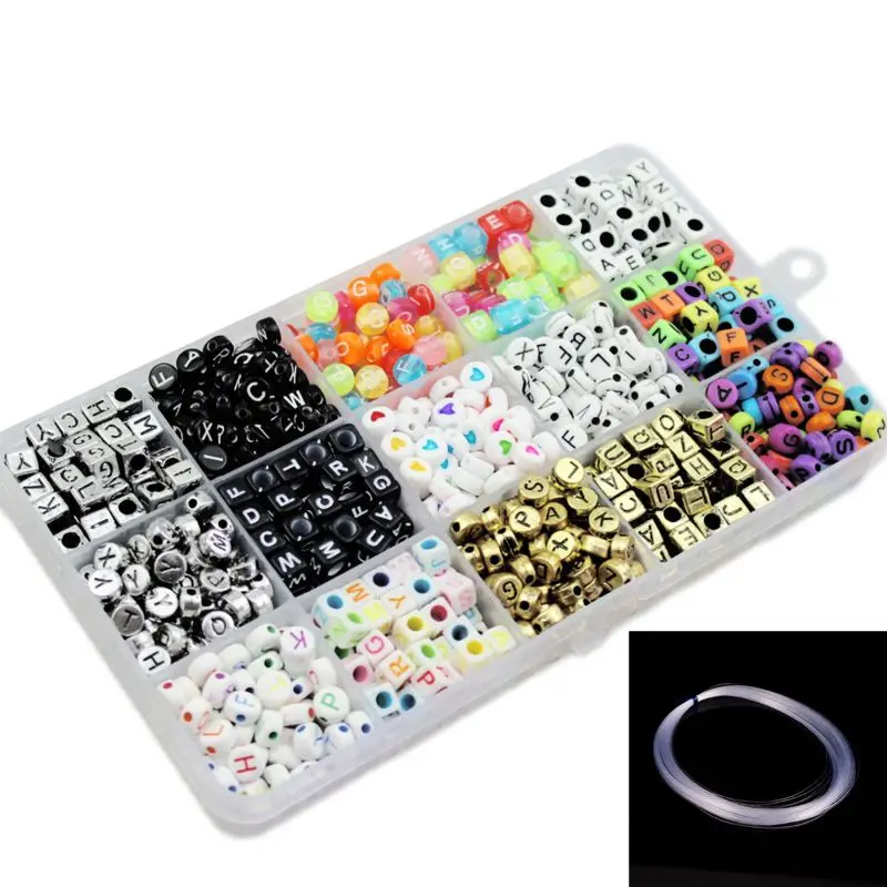 

1100pcs 15 Color Acrylic Alphabet Letter Beads with 1 Roll Crystal String Y4UD