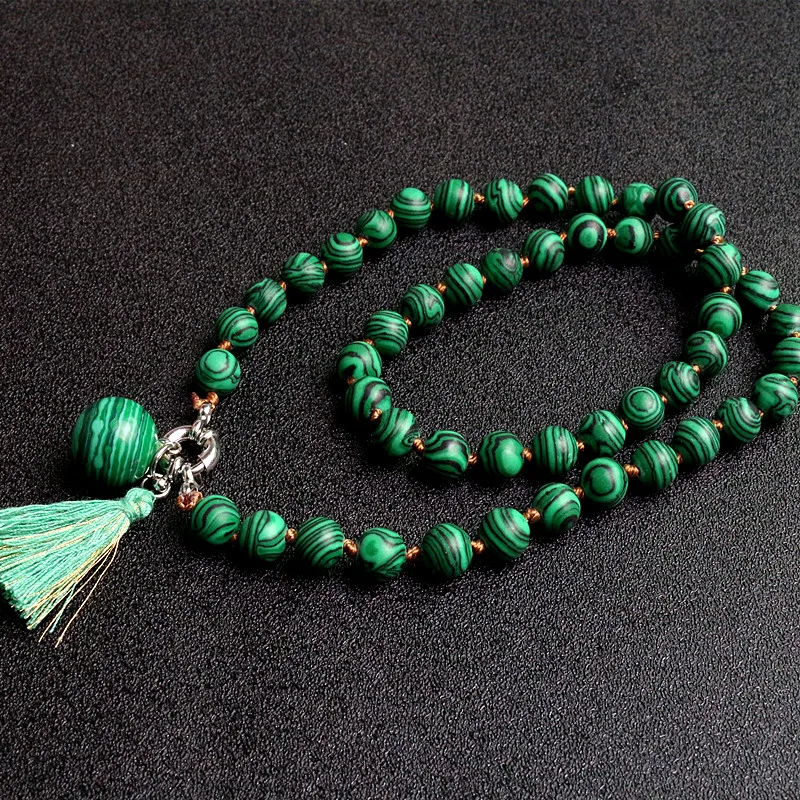 

8mm green Malachite beads & 12mm ball pendant Tassel Choker Necklace forwomen