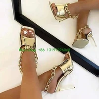 womens sandals high heel square toe toe pu solid colored gold metal chain decorative sandals open toe slingback stilettos size