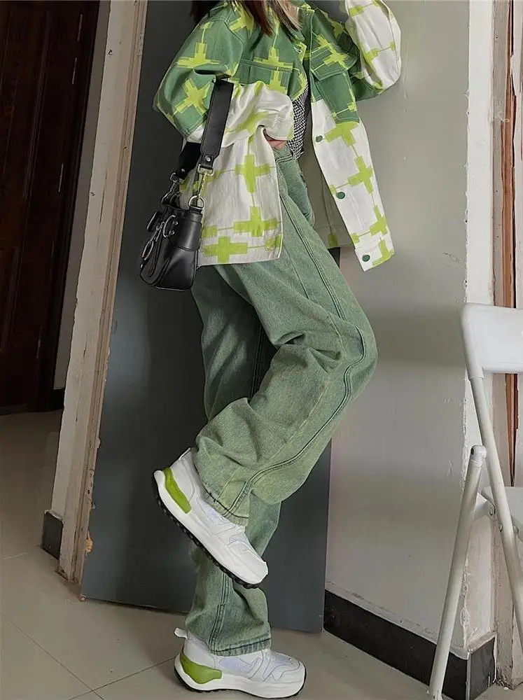 

Women's trousers new Korean style green jeans women's straight loose loose street retro high waist wide leg long pants Y2K
