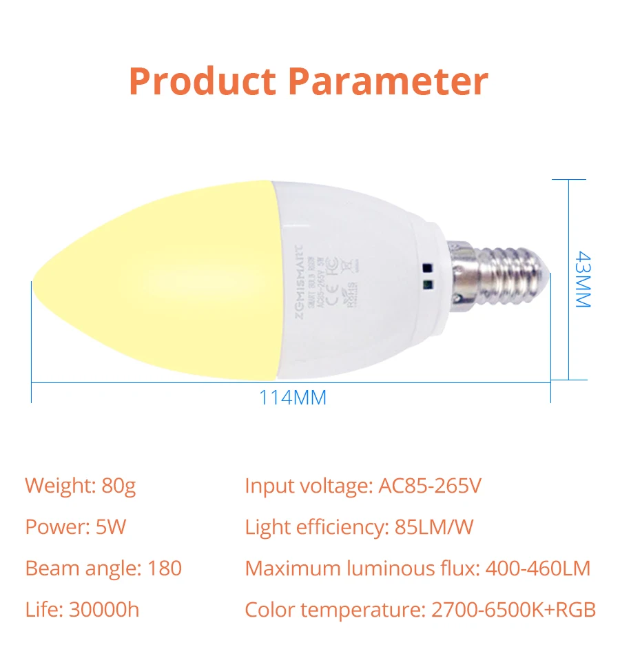 E14 WiFi Smart LED Candle Light Bulb RGBCW Dimmable Lamp 5W Work with Tuya Smart