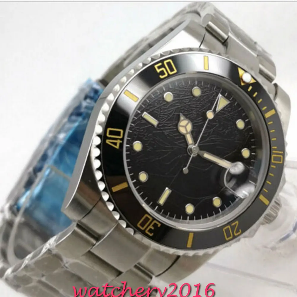 Мужские автоматические часы с черным стерильным циферблатом и сапфировым