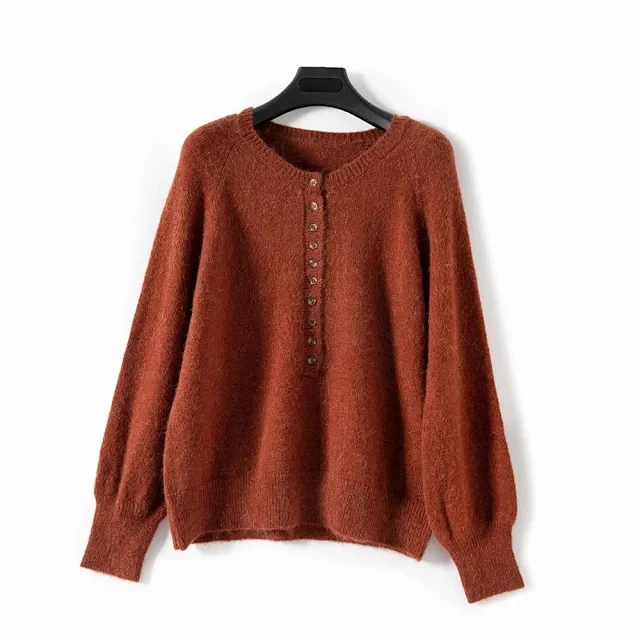

Women Mohair Wool Knit Sweater O-neck Buttons Spring Autumn 2020 Female Knit Tops