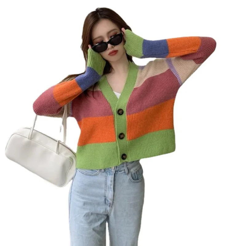 

Retro-rainbow Fashion Female Mesh Sweater Spring/autumn 2021 New Loose Short Female Jacket With Low V Casual Cut Cardigan