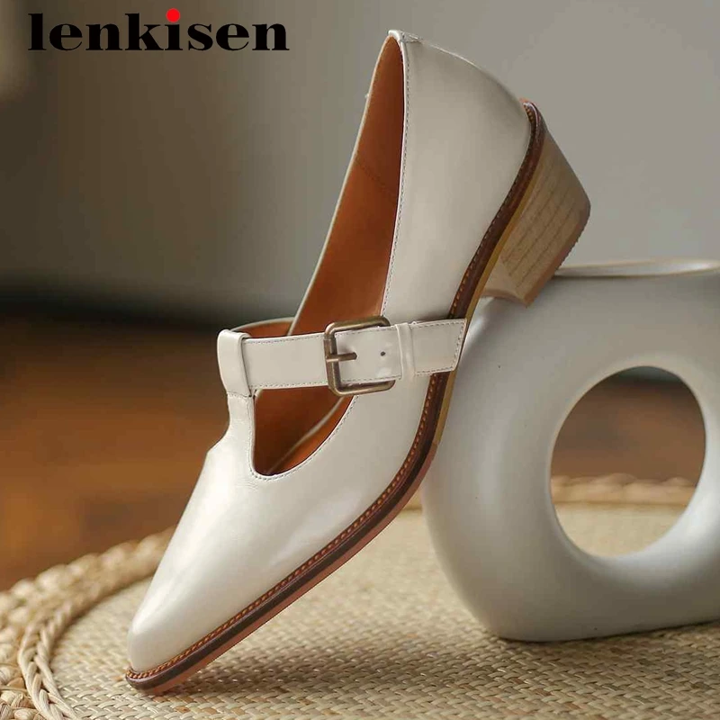 

Lenkisen vintage full grain leather comfortable three colors pointed toe thick med heel buckle straps young lady women pumps L71
