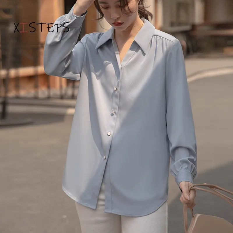 

Рубашка женская шифоновая с длинным рукавом, элегантная свободная офисная одежда для работы, блузка синего цвета, топ в ленивом стиле, осень