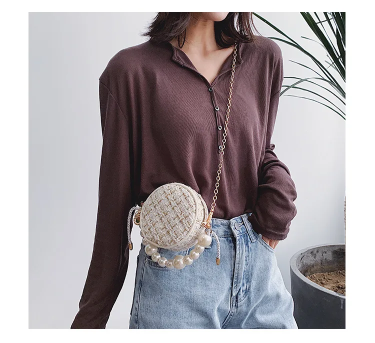 bolsos модные женские сумки-почтальон, круглая сумка на плечо, дизайнерская сумка через плечо, твидовые сумки для женщин, жемчужное колье, сумка