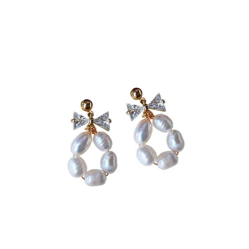 

Bow Knot Zircon Earrings Natural Freshwater Pearl Earrings Element Handmade Earrings Women's Jewelry Fashion Jewelry