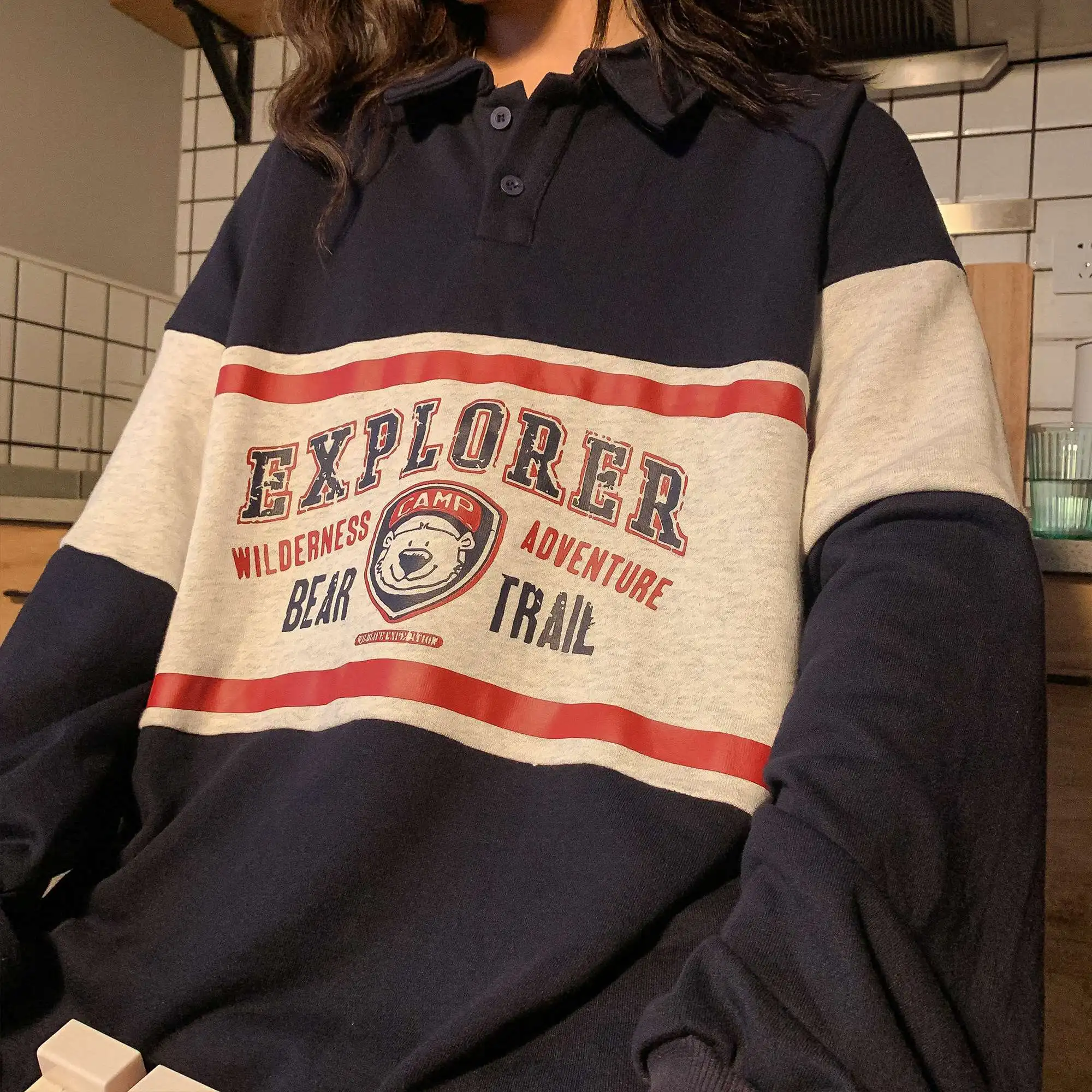 

2020 winter Vintage Polo Collar Loose Harajuku Hoodie Top Long Sleeve Teens Oversized Hoodies Women Print Bear Sweatshirt Trendy