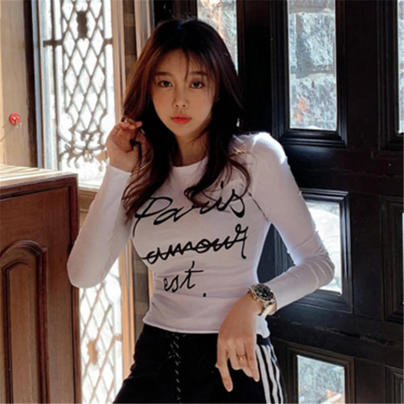 Новая весенняя Сексуальная футболка Женская эластичная в Корейском стиле