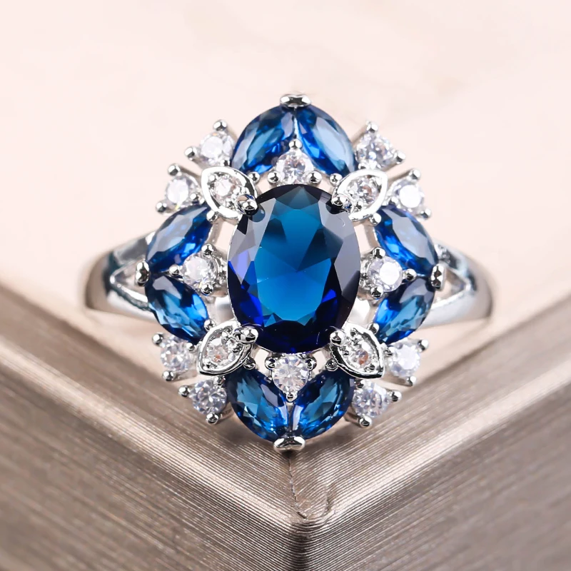 

Exquisite Oval Blue Crystal Stone Wedding Rings For Women Luxury With White Zirconia Jewelry Female Band Gift