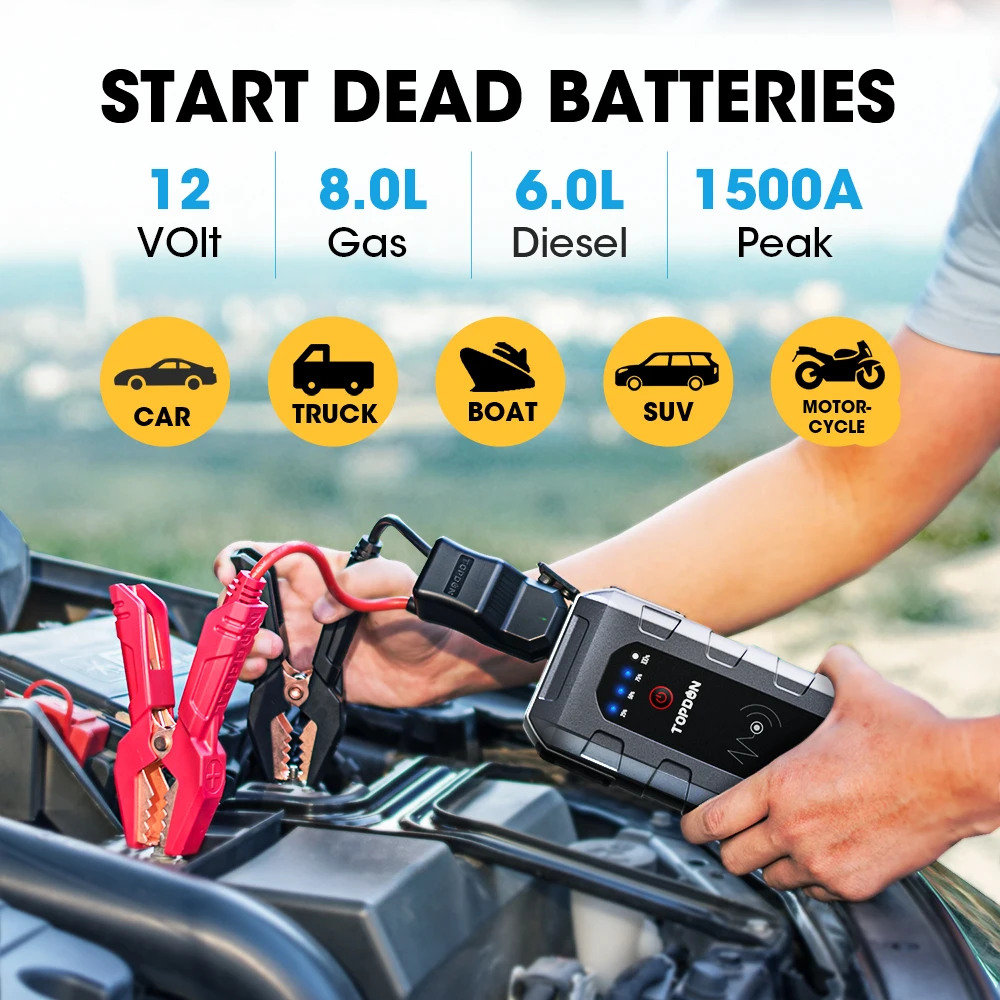 topdon 18000mah car jump starter 1500a 12v peak portable emergency starter wireless charge power bank booster start device v1500 free global shipping