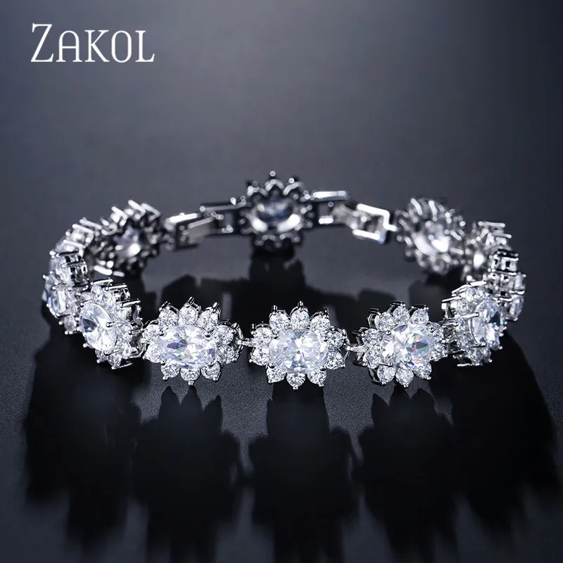 White Color ZAKOL Роскошные 3 цвета Овальный циркония кристалл звено цепи браслеты браслет для женщин Мода цветок Свадебные украшения FSBP1013 - Окраска металла: White Color
