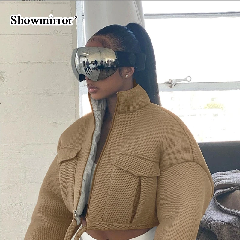 

Showmirror Autumn Winter Short Coat Women Mesh Plaid Long Sleeve Turtleneck Zip Crop Jacket Pocket Drawstring Lo