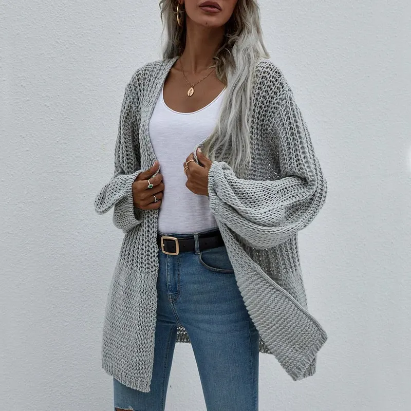 

2021 Women Cardigan Autumn Spring Sweater Long Lantern Sleeve V Neck Cardigan Open Stitch Woman's Jersey Knit Jumpers Femme Coat