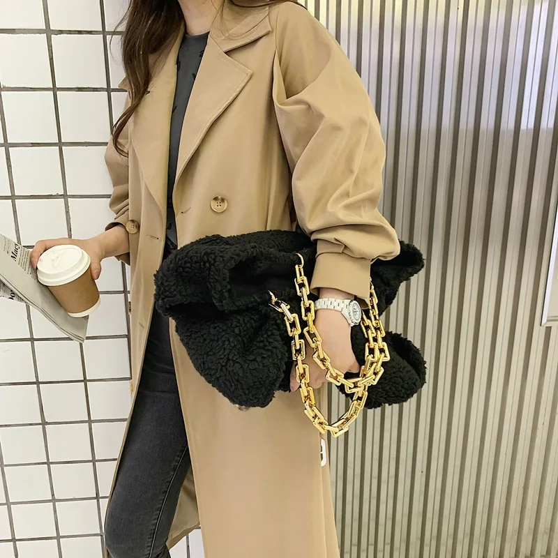 

Big Tote Bag Winter New Plush Shoulder Bag Women Fashion Chain Handbag Korean Style Faux Fur Woven Shoulder Bags Large Capacity