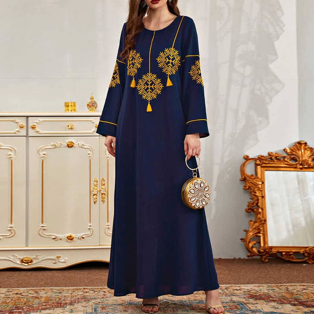 

Женское длинное платье с вышивкой, однотонное Повседневное платье в мусульманском стиле с круглым вырезом и длинным рукавом, осень 2021