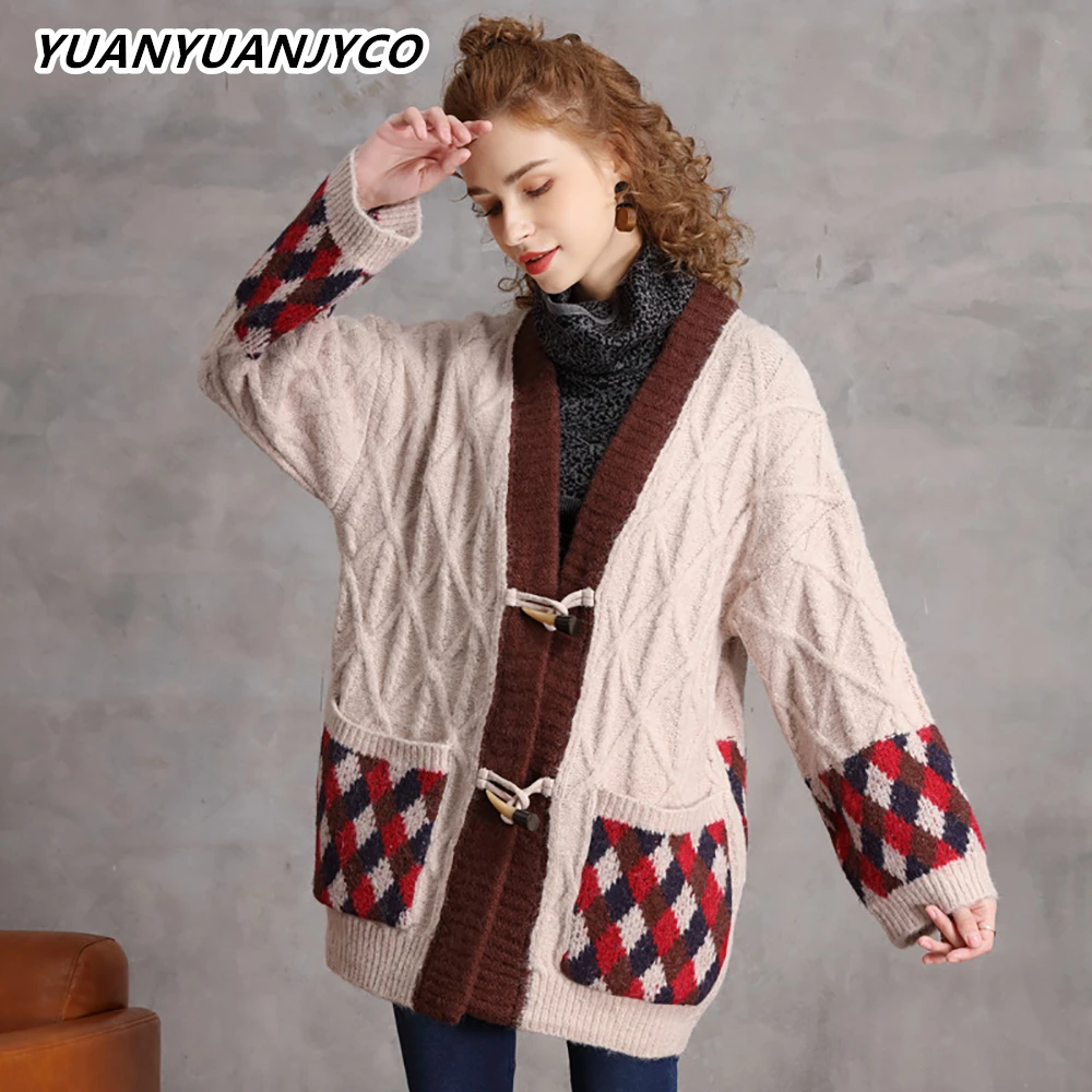 

YUANYUANJYCO Winter Women Regular Length Indie Folk Cotton Knitted Cardigan MY5 Argyle Plaid Big Pocket Horn button Sweater