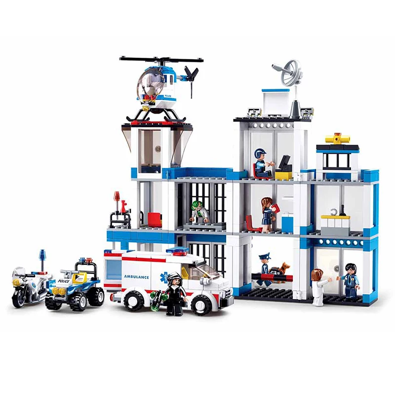 

606Pcs City Police Station Car Motorcycle Helicopter Models Educational Building Blocks Toys For Kids DIY Present Small Bricks